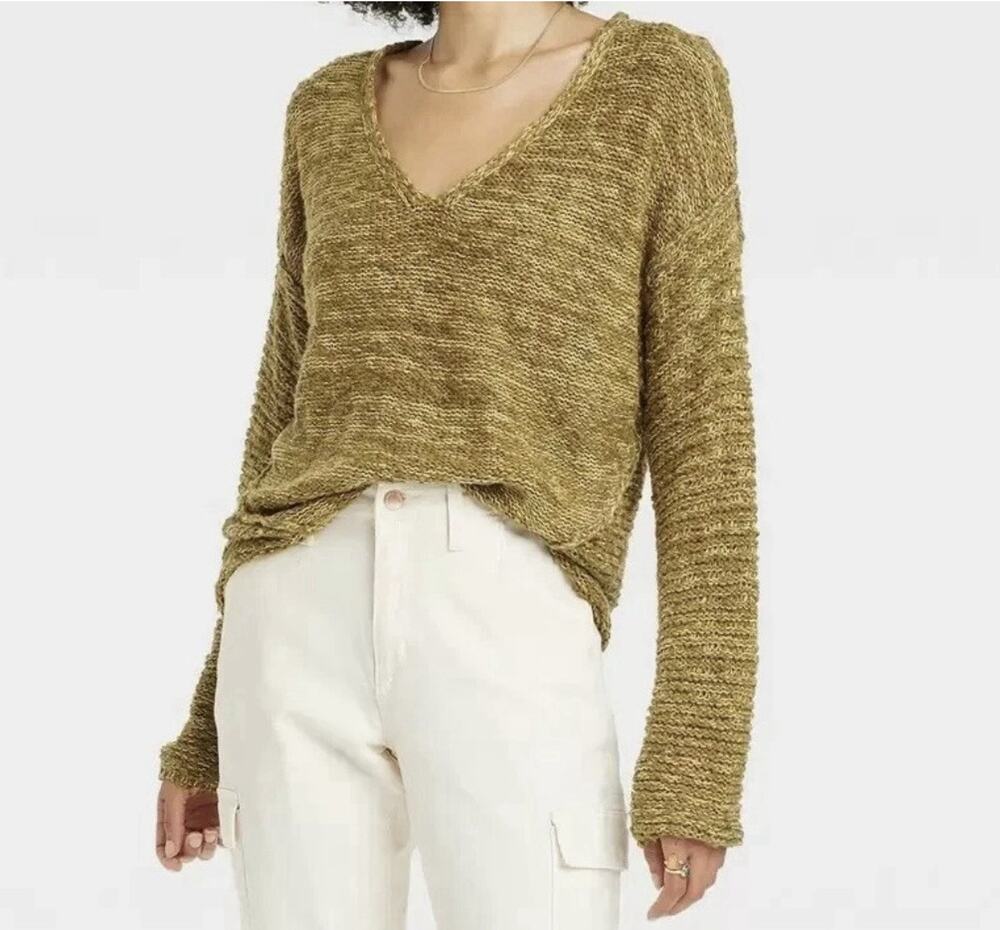 Universal Thread L Women’s Olive Marled 100% Cotton V-Neck Knit Sweater